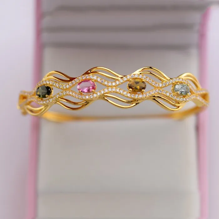 Hot Sale Fashional Designs 925 Sterling Silver Bracelet 18K Gold Plated Colorful Cubic Zirconia Jewelry Bangle