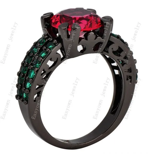 Fashion Jewelry Finger Rings For Women Lady Rose Red & Emerald Zircon Stone party ring 10KT Black Gold Filled Ring gift