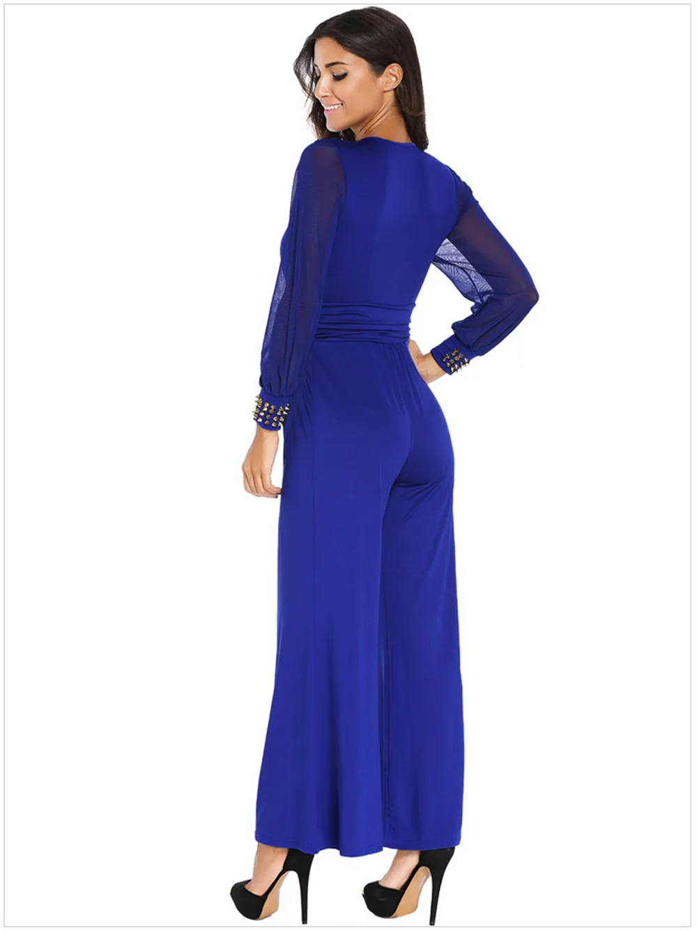 Sexy Deep V-neck Embellished Cuffs Jumpsuit 2018 Spring Party Mesh Sleeves Loose Club Pant Long Black Rompers Womens Jumpsuit (14)