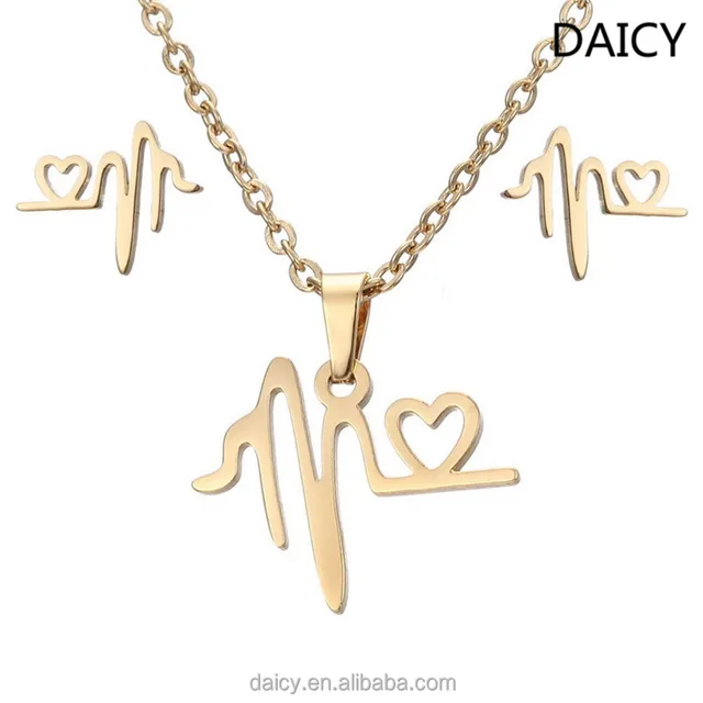 daicy fashion women stainless steel ecg pendant earrings gold