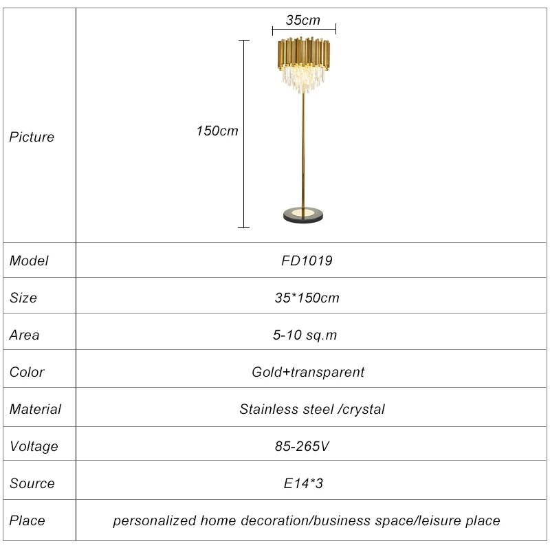 led E14 Postmodern Stainless Steel Crystal  Golden LED Lamp LED Floor Lamp Floor Light For Bedroom