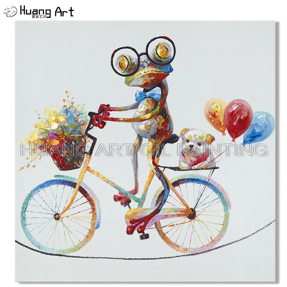 Berkualitas Tinggi Yang Dilukis dengan Tangan Desain Lucu Katak dengan Kacamata Di Sepeda Minyak Lukisan ON Kanvas Balon dan Bunga minyak Lukisan