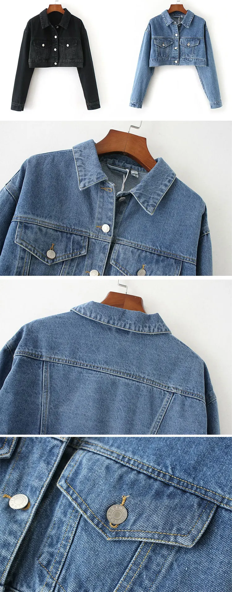 Slim Short Style Black Denim Crop Jackets for Womens