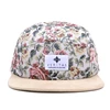 Factory customize fabric suede brim 5 panel floral hats with leather strap back
