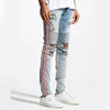 Men jeans ripped red ribbon striped patchwork motorcycle distressed jeans skinny denim biker trousers men's jeans pants