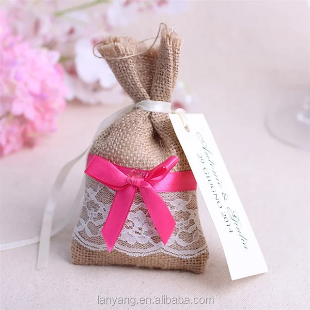 burlap hessian jute with lace border drawstring gift favour bags