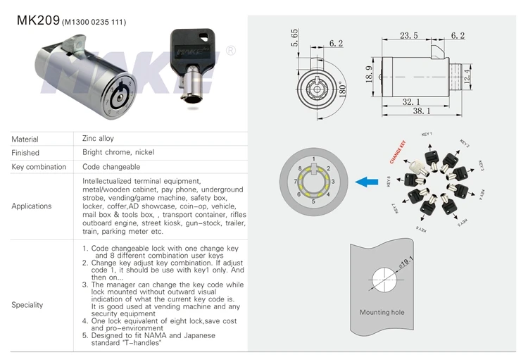MK209 Tubular Key Vending Machine Lock Cylinder With Master Key System