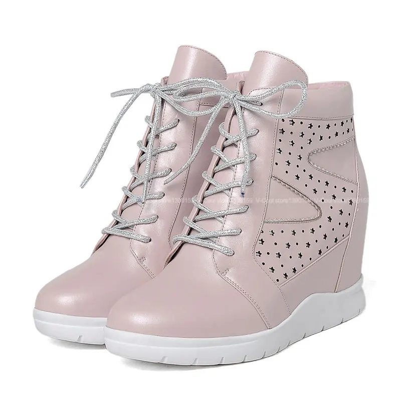 2015 European Version Women's High Top Sneakers Female Genuine Leather Height Increasing Wedge Sneakers Women Lace-Up Shoes