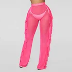 Amazon European and American Solid Ruffled Beachwear Sexy Mesh Perspective Trousers Women Beach Cover Up