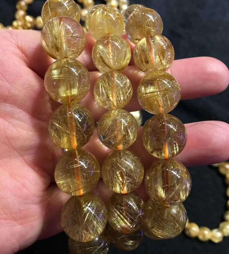 Factory Price High Quality Natural Gold Rutilated Quartz Round Beaded Bracelets 6mm 8mm 10mm 12mm 14mm Sizes Mineral Gemstones