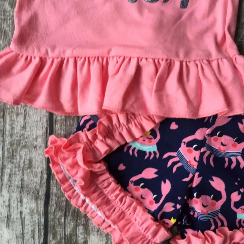 baby girls shorts sets boutique outfit coral cutest babe on the beach crab summer cotton clothes macth with necklace and bow