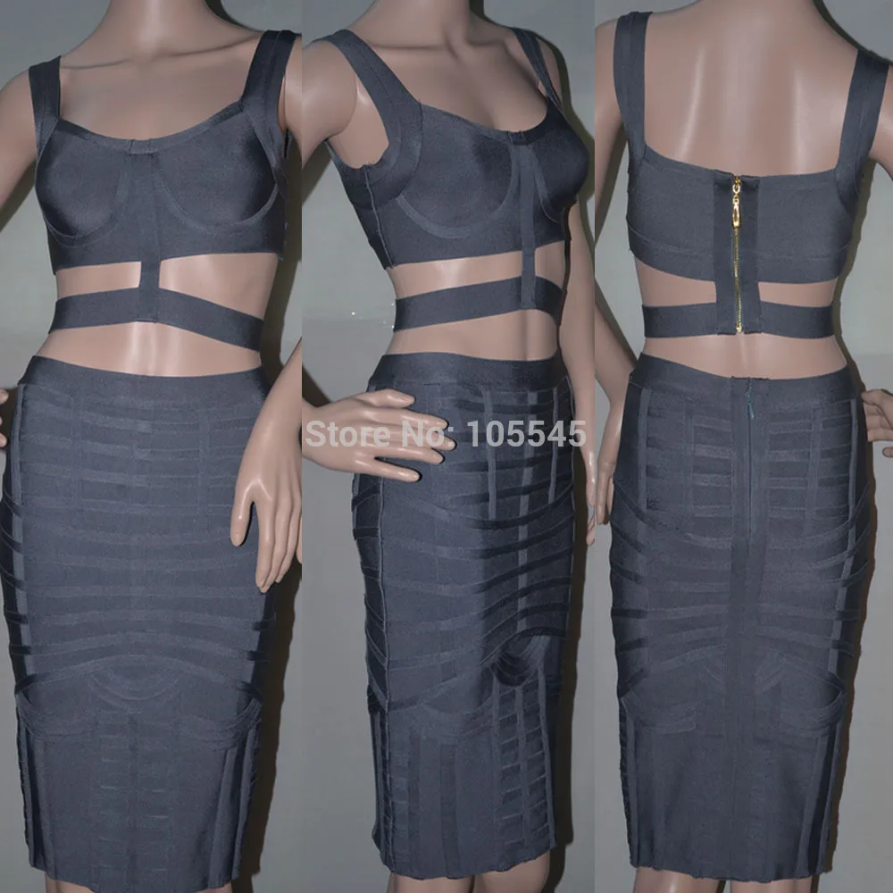 Summer dress 2015 new strap two piece set women gray black white elegant bodycon celebrity bandage Dresses Bandage Bodycon Women