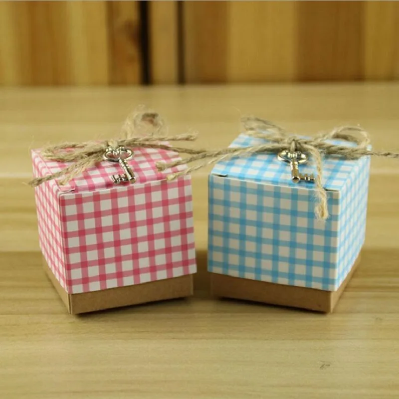 Mini Plaid PinkBlue With Key Candy Box Wedding Gift Boxes Party Favors Decoration for Anniversary Birthday Baby Shower Box (5)
