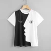 Alibaba Fashion New Design Trending Women Abstract Face Print Roll Sleeve Half Black Half White T Shirt