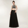 2019 Girls Two Piece Pearl Beaded Black Sexy prom dress with Keyhole