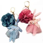 Fabric Lady Rabbit Car Key Ring PU Flower Rose Keychain with lobster claw clip Gift For girl