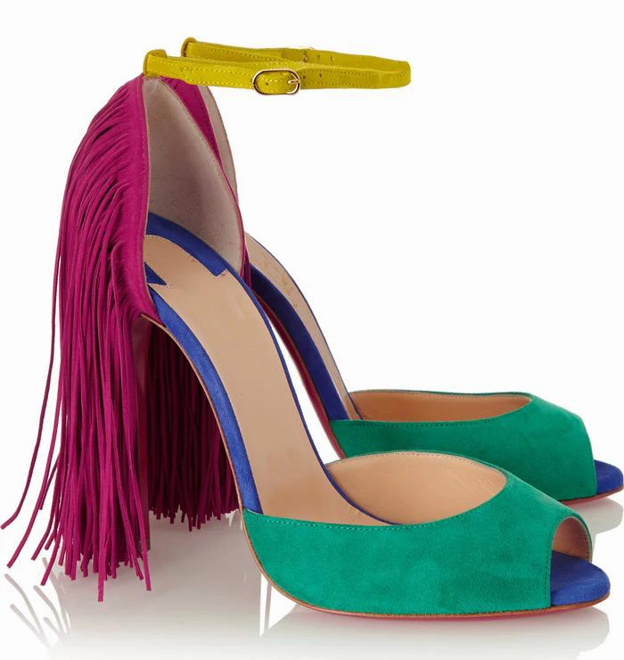 2015 Famous Brand women's new fashion sexy high heels Suede leather tassel peep toe pumps red bottom shoes big size 34--42