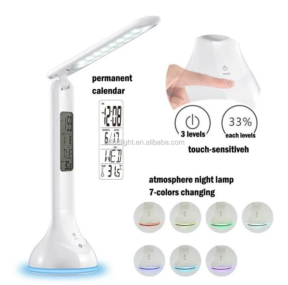 Livraison gratuite pliable dimmable led lampe de bureau table lumineuse avec calendrier température alarme horloge livre