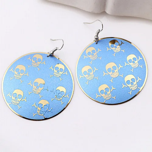 Environmentally Gorgeous Colored Drawing Skull Design Earrings Drop Big Long Computer Chip Color Plated Jewelry For Women Mom