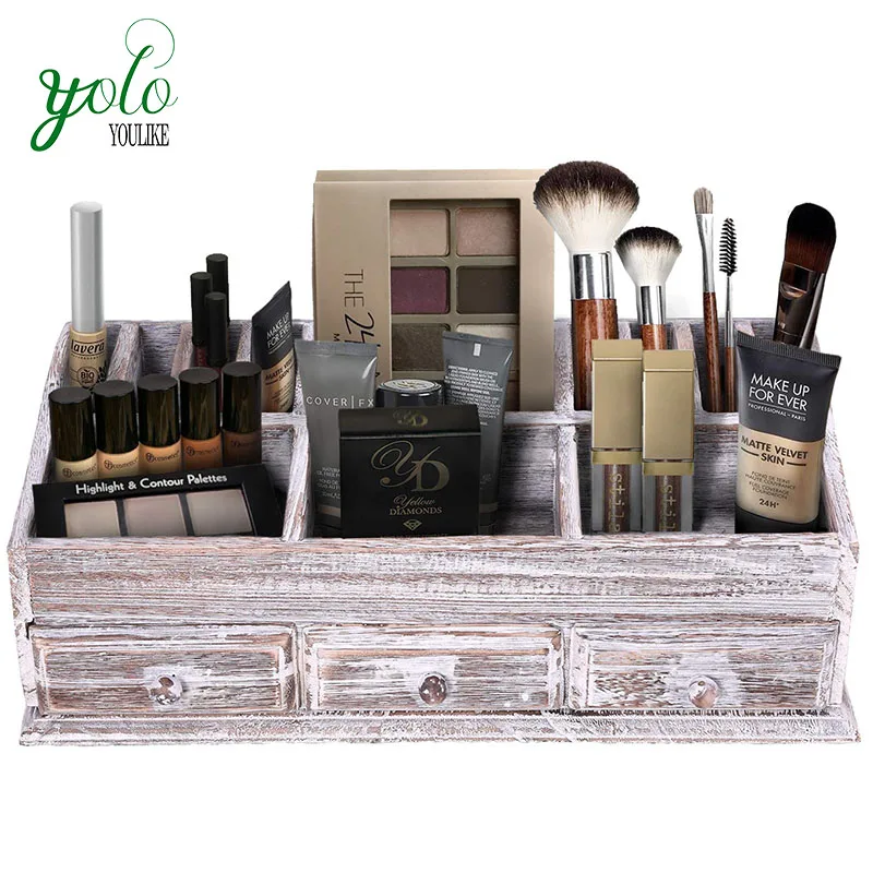 Wholesale Beautiful Color Rustic Wooden Desktop Makeup Organizer