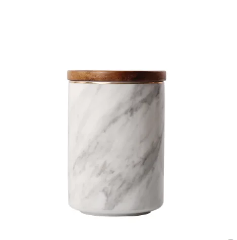 Cylinder shape ceramic canister set / airtight marble canister with wood lid.png