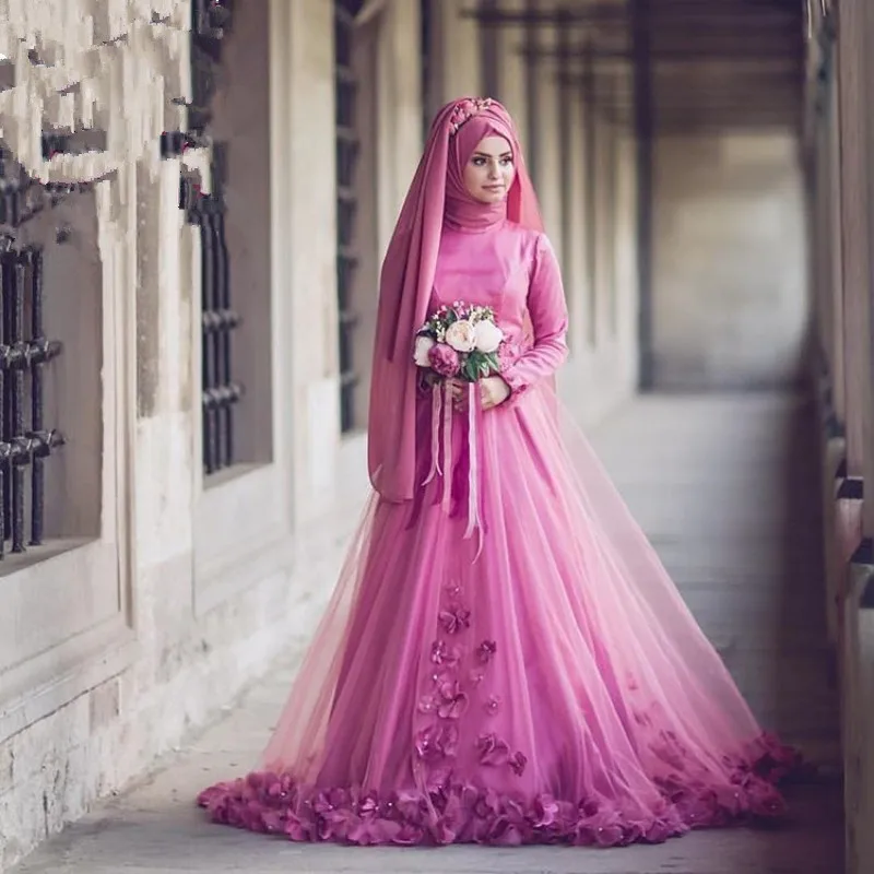 ZH1532G Vestidos de novia طويلة الأكمام المملكة العربية السعودية مسلم خط فساتين الزفاف عالية الرقبة يزين فستان زفاف إسلامي