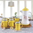 Arabic ceramic yellow tea pot and cups set / colorful tea pot sets with bamboo base