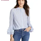 New designs elegant office women tops long flare sleeve stripe women ladies blouse