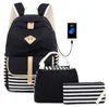 3 in 1 Set Black Stripes Canvas School backpack leisure travel natural canvas backpack backpack for Teen Girls
