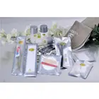 OEM welcomed hotel bath toiletry sets/luxury hotel amenity kit type PVC bottle silver line bag amenities