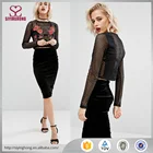 Classy design fashion long sleeve rose embroidered mesh top for ladies