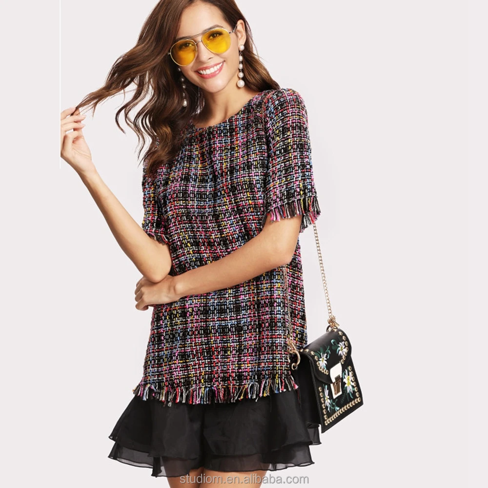 new fashion ruffled layered hem fringe tweed lady dress