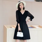 korean style dresses women lady elegant women dress V-neck Knit Sweater Dress with Belt