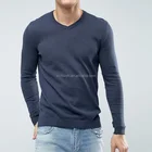 OEM 100% Cotton V-Neck Navy Plain Long Sleeve Tshirt For Men