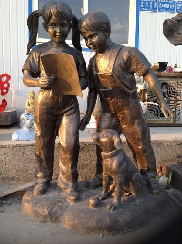 Life Size Boy and Girl with Dog Sculpture Mailbox Bronze Statue