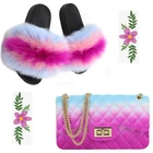 Fashion Style Real Fox Fur Slides Slippers And Multicolor Cross-body Bag Sets For Girls and Women