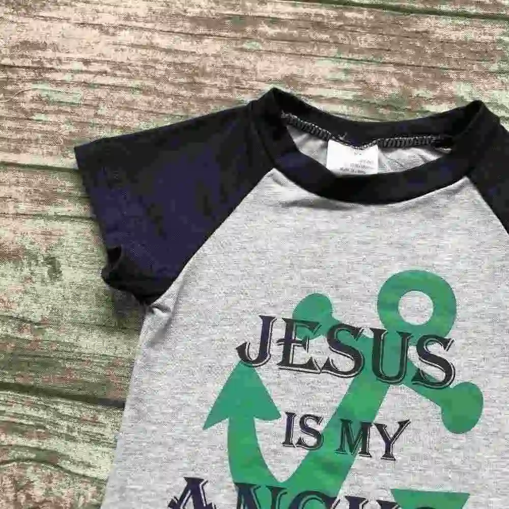 baby boy shorts sets boutique outfits cute cotton Jesus is my anchor top shirts raglans summer clothes gray black kids wear