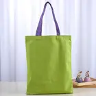 Qetesh Foldable Green Color Blank Tote Bag Cotton Canvas With Purple Handle