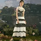 New Black and white lace stitching thin ruffled edge cascade dress