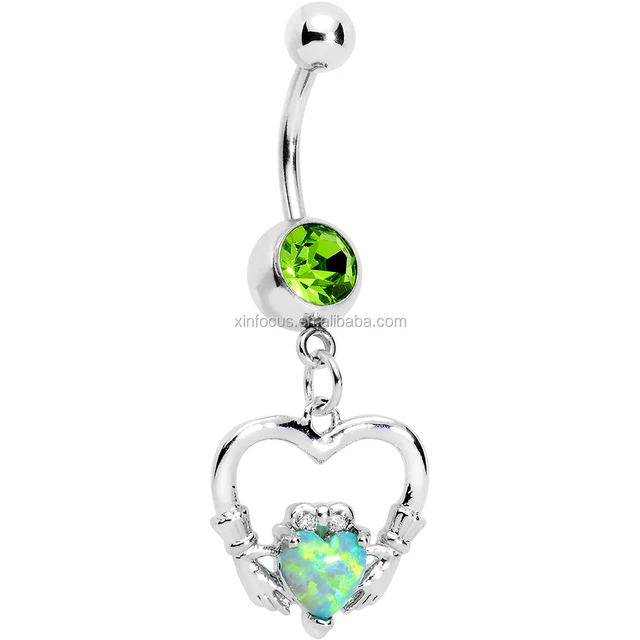 green gem imitation opal claddagh dangle belly ring