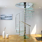 Stainless steel spiral staircase with glass steps and wire railing indoor usage
