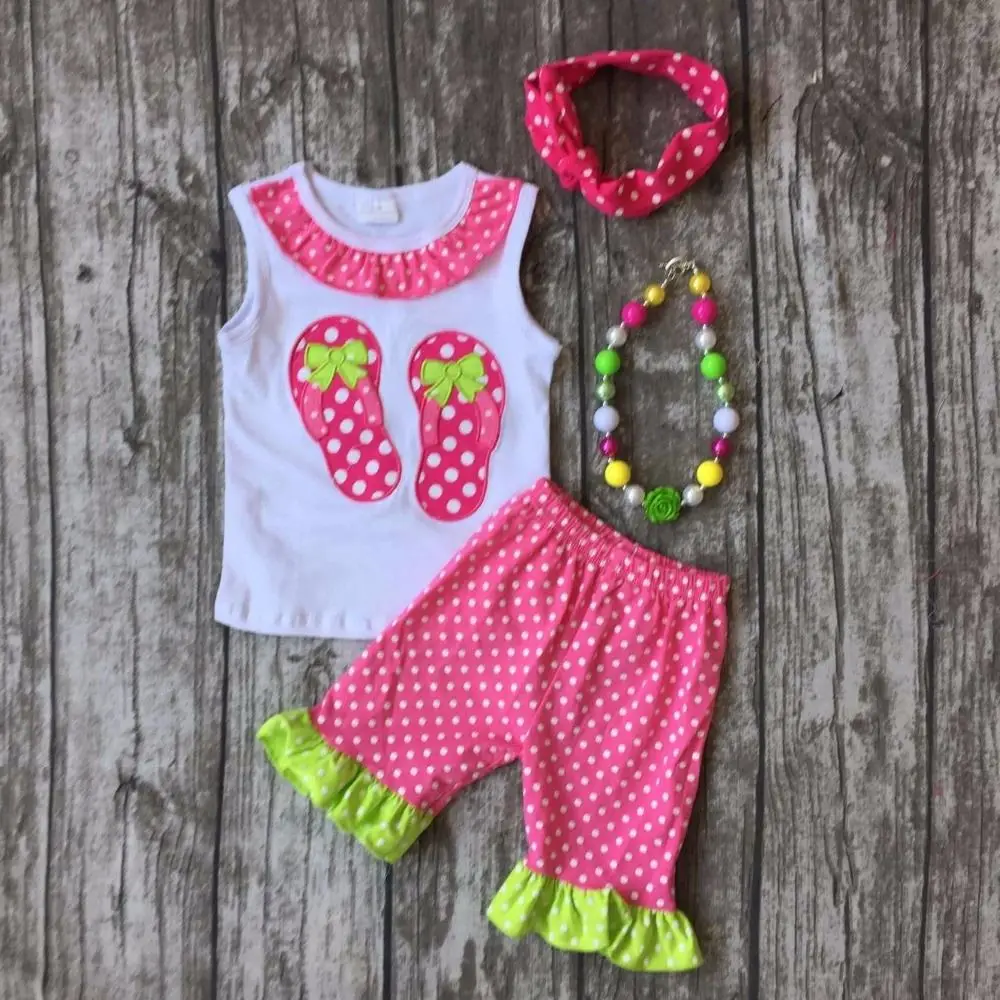 Baby girls ruffles shorts clothing suit summer Slipper cotton outfits kids set hot pink polka dot with matching accessories