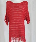 Red knitted tassel shawl hollow out evening dress