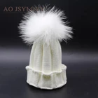 High Quality Popular Ladies Knitting Winter Hat Raccoon Fur Pom Beanies