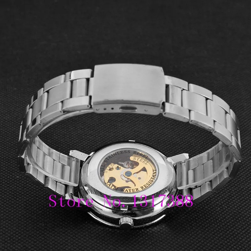 New Fashion Gold Skeleton Watch Men Luury Brand Self Wind Mechanical Wristwatches Male Stainless Steel Analog Clock W125