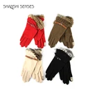 Solid color rabbit fur cuff extra warm girls full finger wool gloves