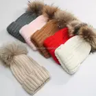 Lady winter warm kninte beanie cap hats with fake fur poms