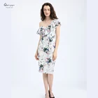 2019 Mature Women White Summer One shoulder ruffle Vintage Floral Midi Dress