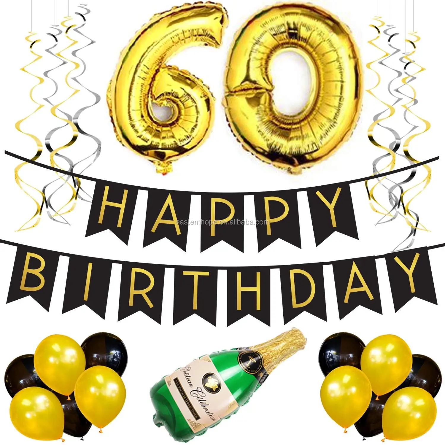 60th birthday party pack black gold happy birthday bunting poms