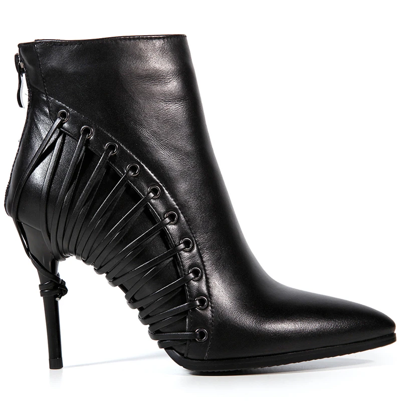 100% Original Full Grain Leather Gladiator Boots Women Winter Black Sexy Ankle Boots High Heels Shoes Cotton Fur Boots Plus Size